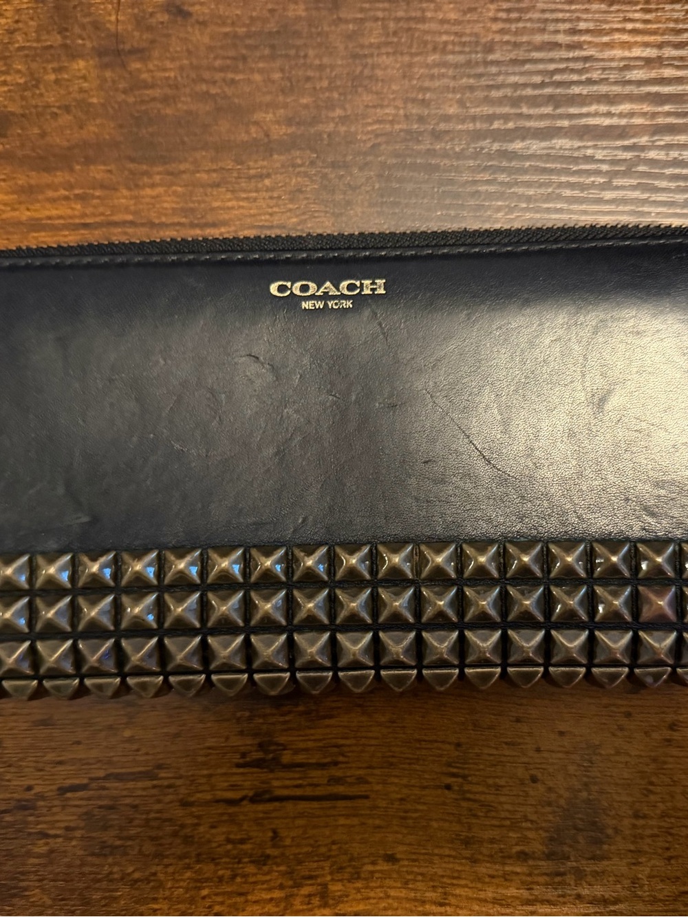 Coach Black Leather Wallet with Gold Logo and Gunmetal Studs
